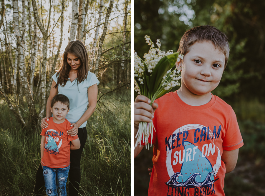 Chłopiec na polanie z bukietem kwiatów